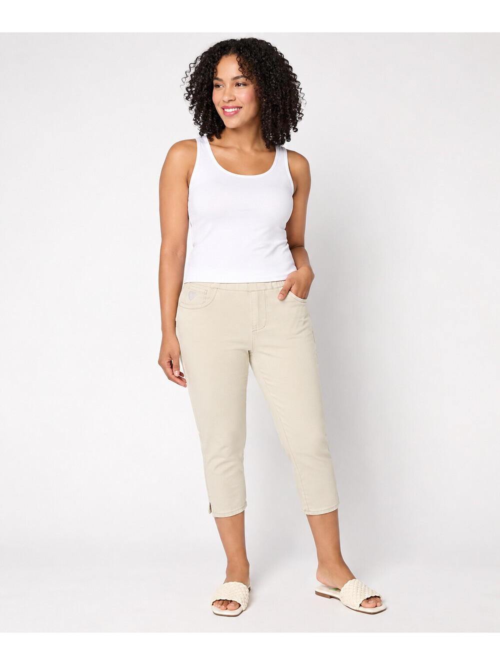 Quacker Factory DreamJeannes Straight Leg Flat Waist Crop Pants Sand, Size 3X